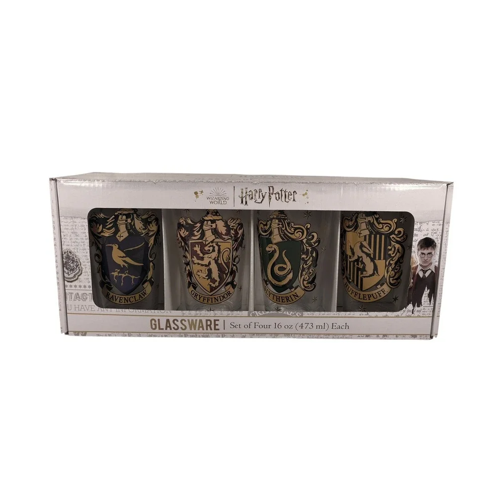 Harry Potter Glassware Set Unisex 16oz Multi New Hogwarts House Crests 4pk
